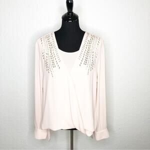 Cache light pink rhinestone bead faux wrap draped top size Extra Large XL